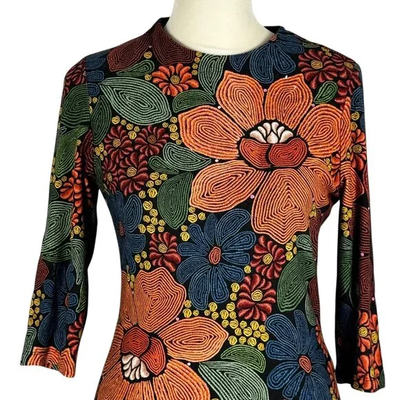 Farm Rio Black Stitched Flowers Lenzing™ Ecovero™ Viscose Midi Dress Size Small - Picture 14 of 16